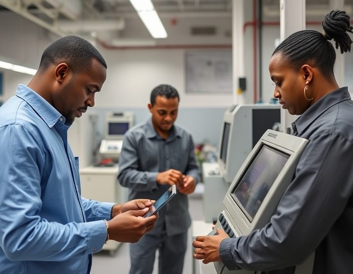 Specialist inspecting the card reader of a self-service terminal